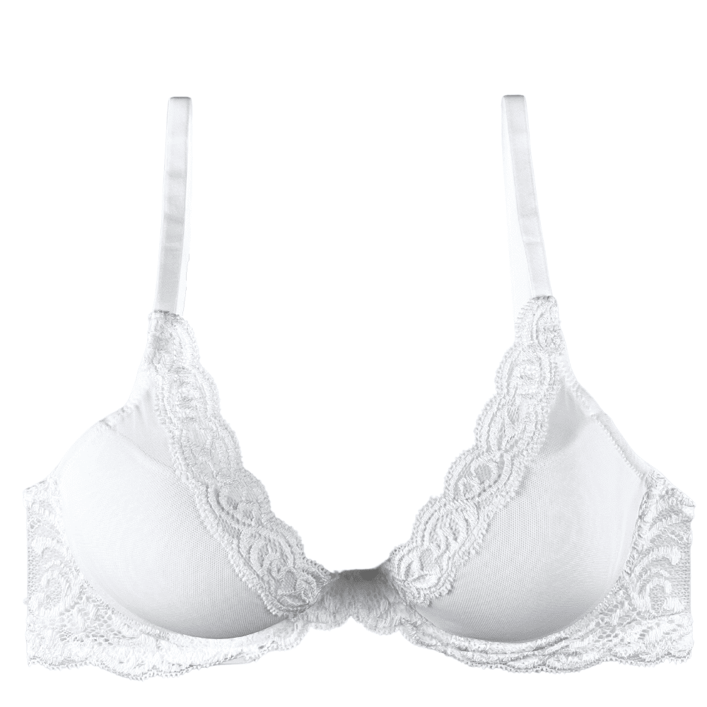 Natori Feathers contour plunge bra in white, close-up front view on a white background.