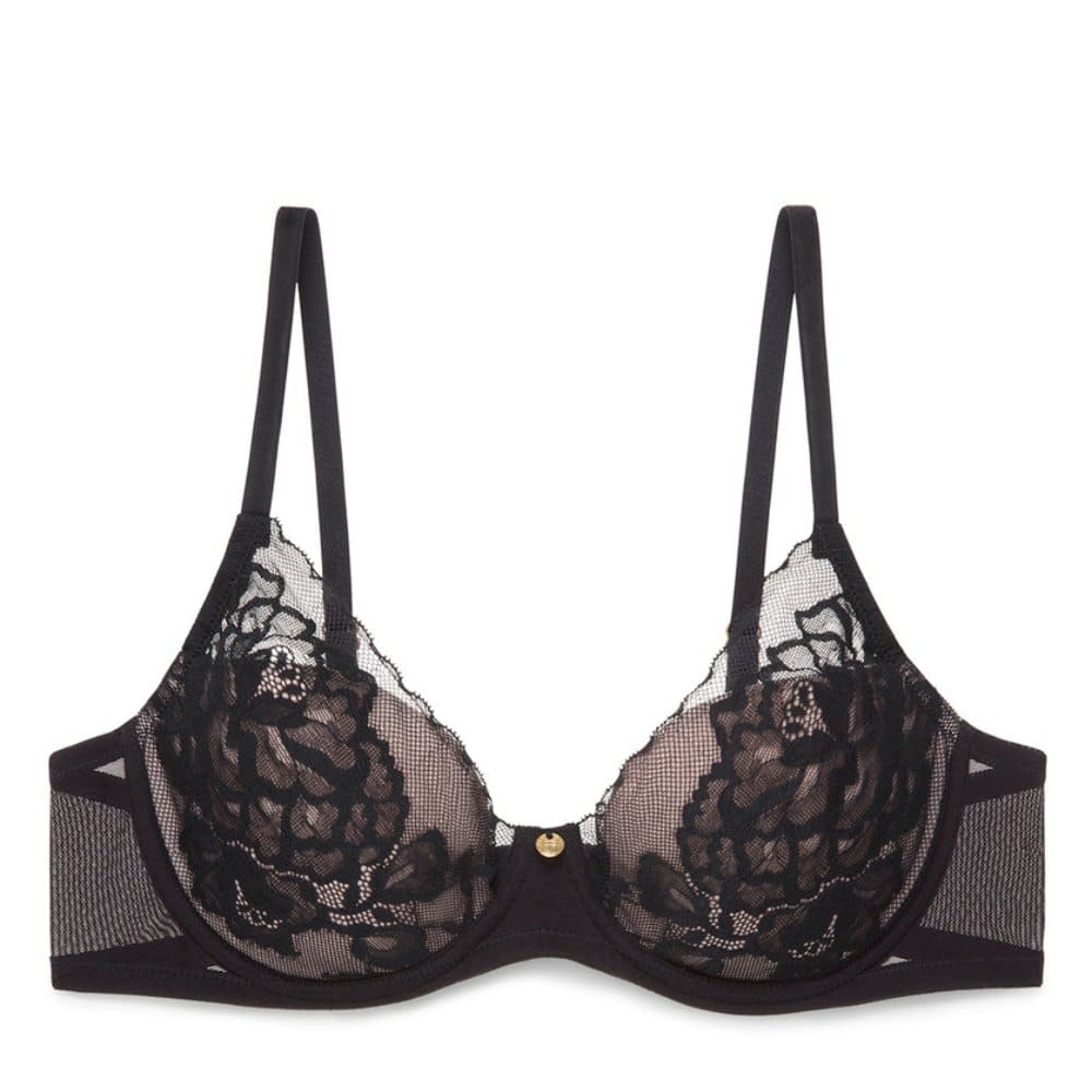 Natori Flora underwire contour bra in black/cafe, close-up front view on a white background.