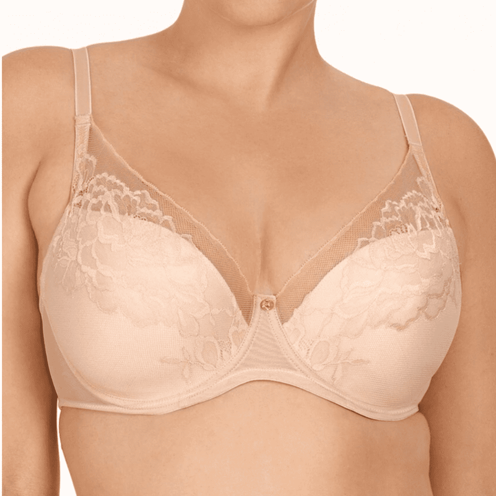 Natori Flora underwire contour bra in cameo rose, close-up front view on a model.