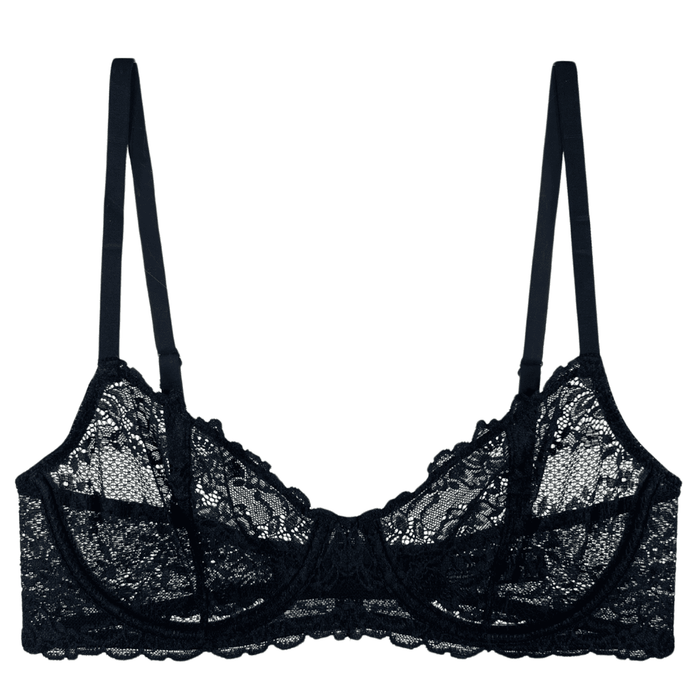Natori Heavenly convertible balconette bra in black, close-up front view on a white background.