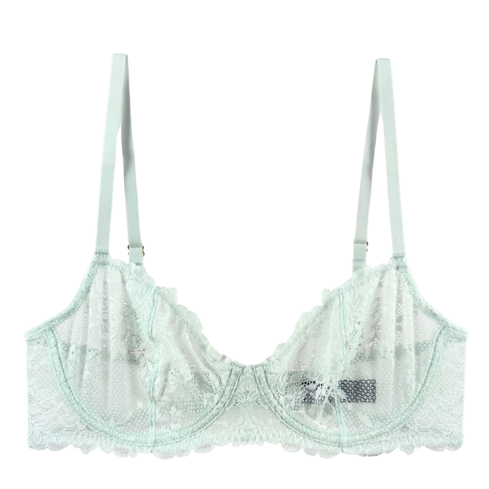 Light blue bra with lace details on a white background