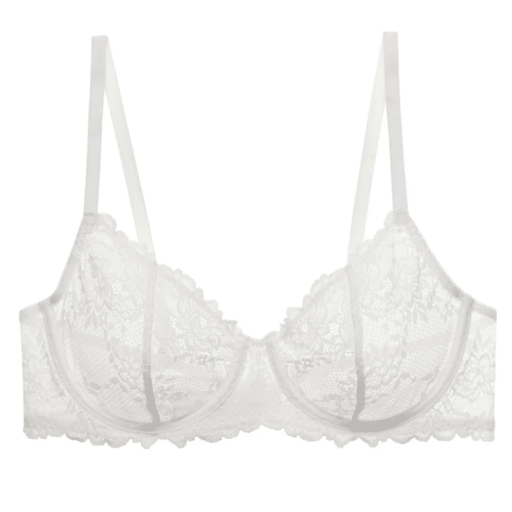 Natori Heavenly convertible balconette bra in white, close-up front view on a white background.