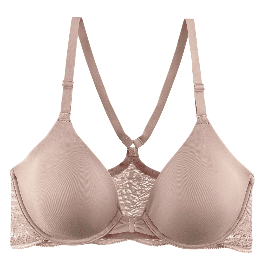 Natori Lush front closure racerback bra in rose beige, close-up front view on a white background.