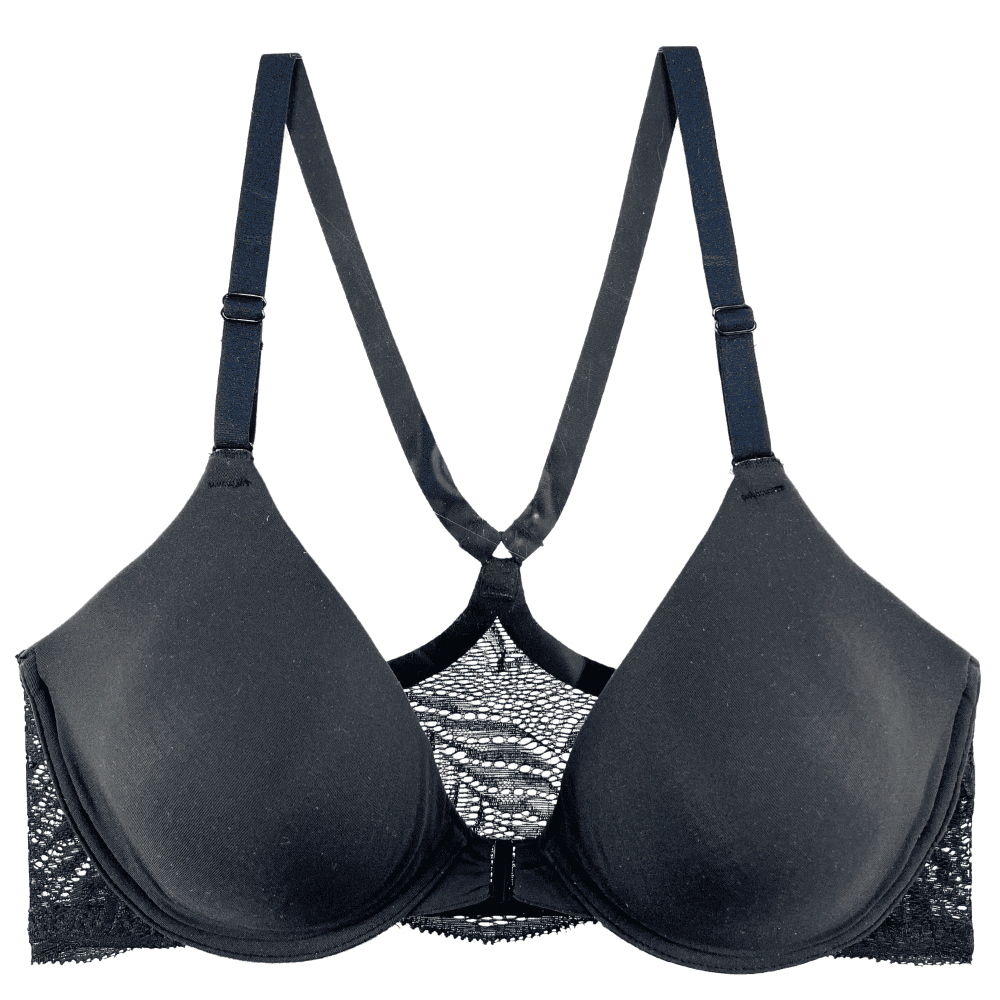 Natori Lush front closure racerback bra in black, close-up front view on a white background.