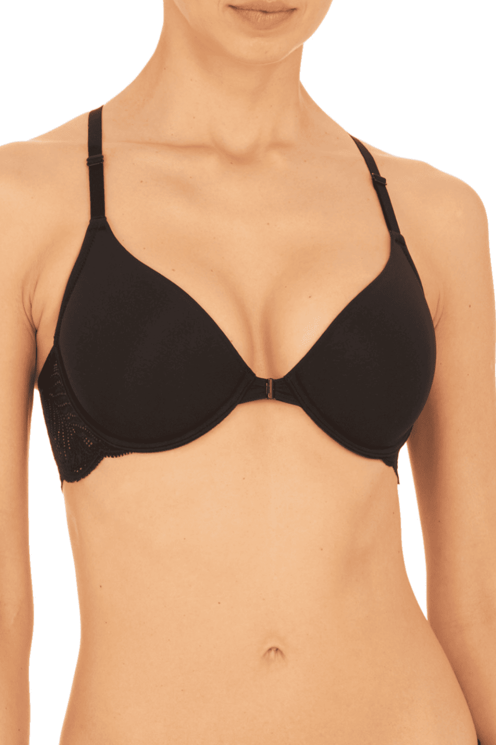 Natori Lush front closure racerback bra in black, close-up front view on a model.