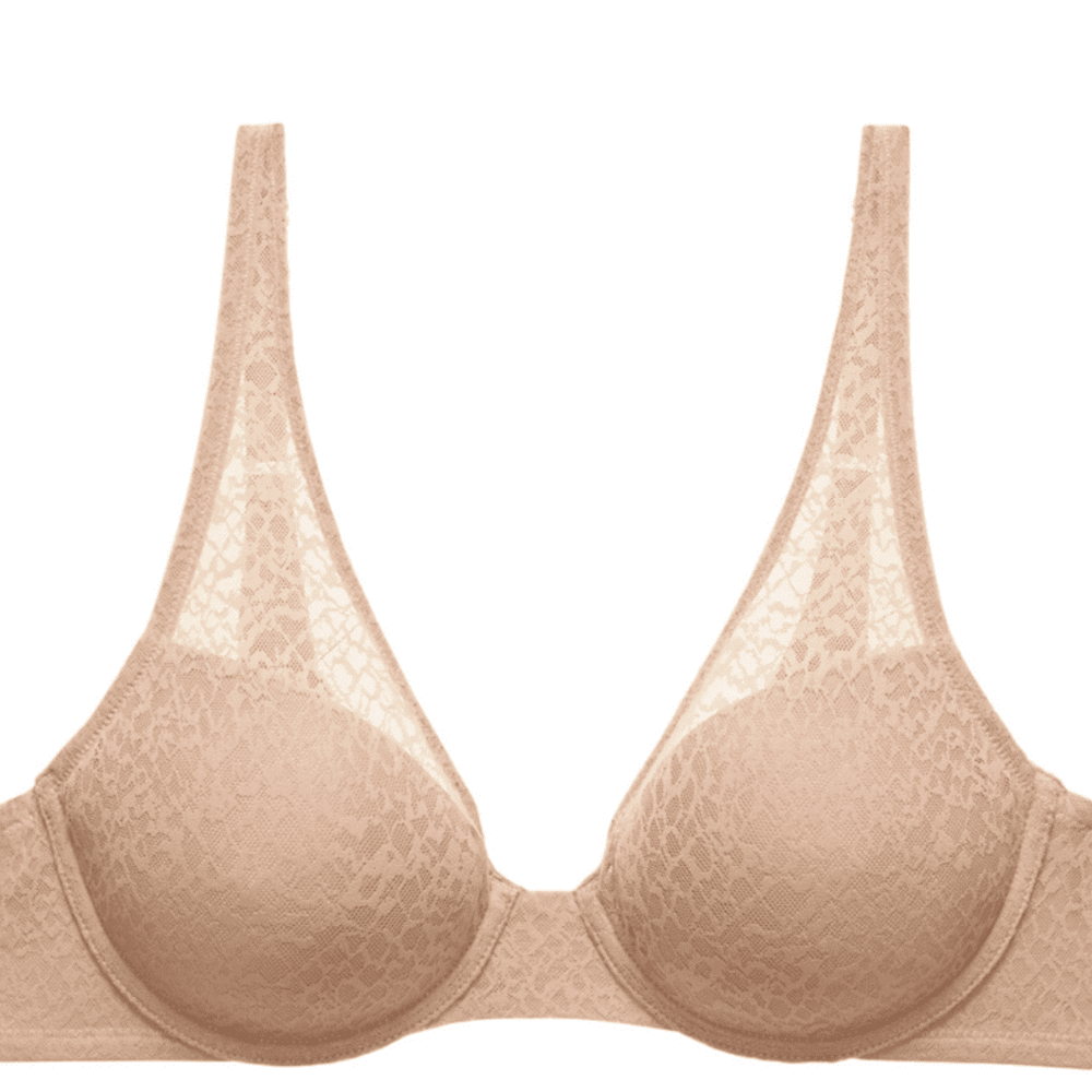 Natori pretty smooth full fit contour underwire bra in buff, close-up front view on a white background.