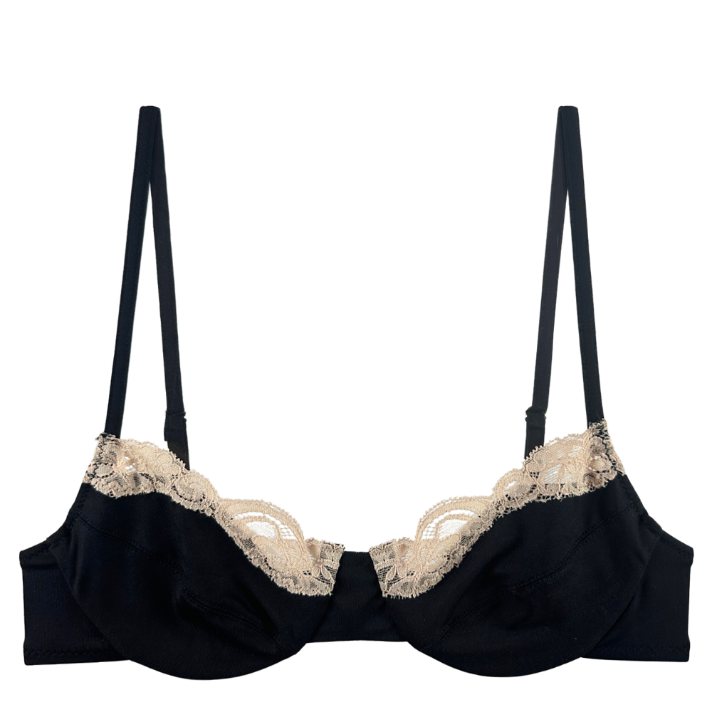 Black bra with beige lace trim on a white background