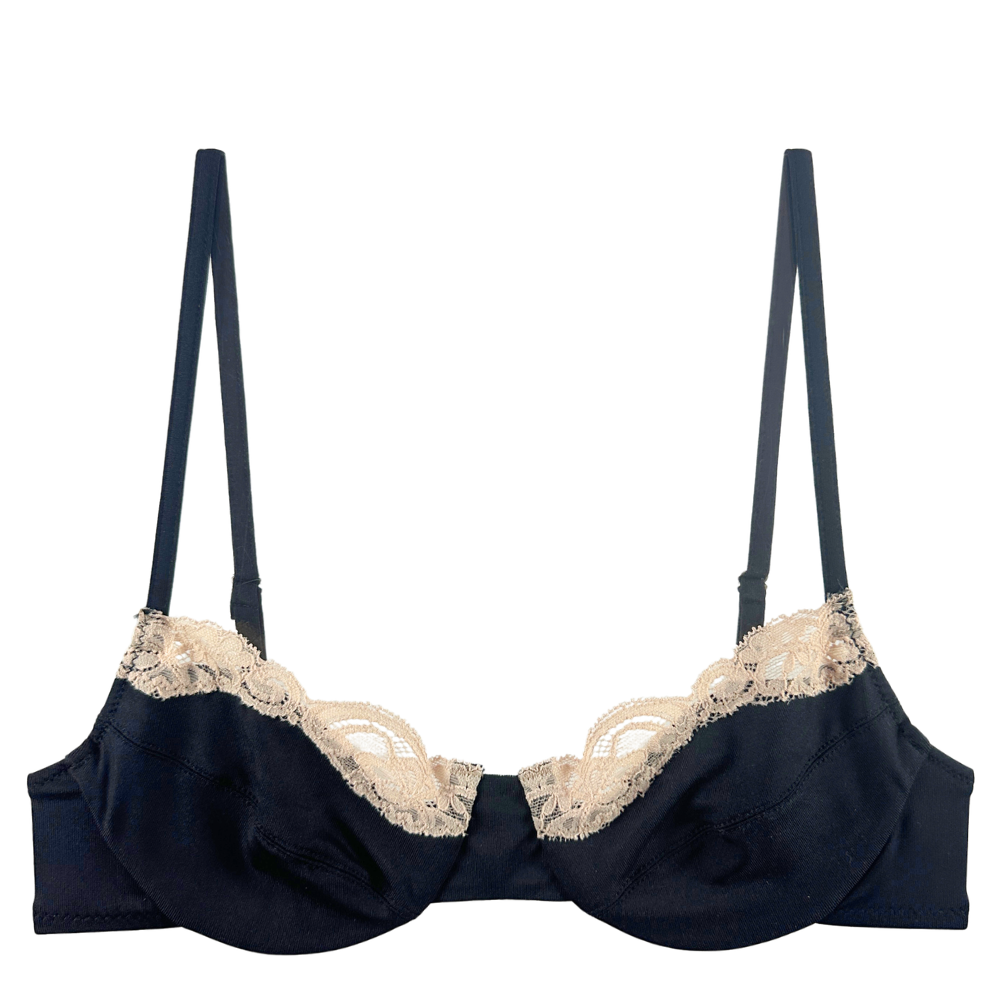 black bra with lace trim on a white background