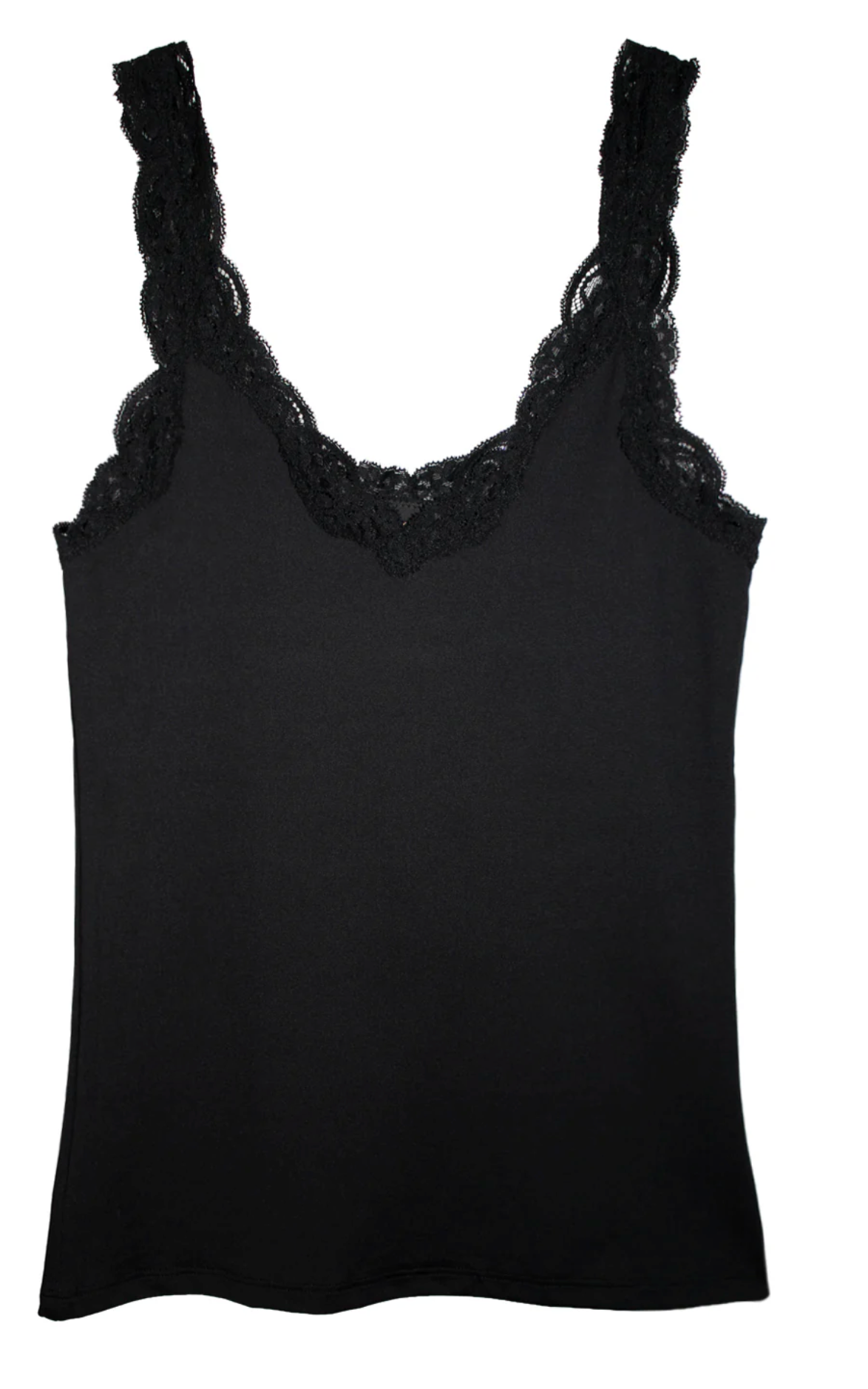 Black tank top with lace trim on a white background