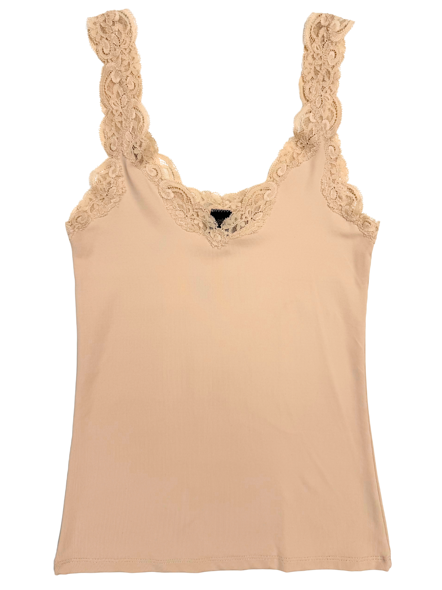 Beige tank top with lace detailing on a white background