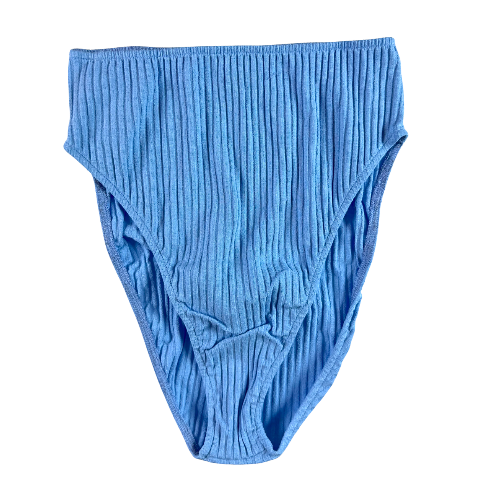 A pair of high-waisted, ribbed knit bikini bottoms in a medium blue color, shown flat against a plain white background.