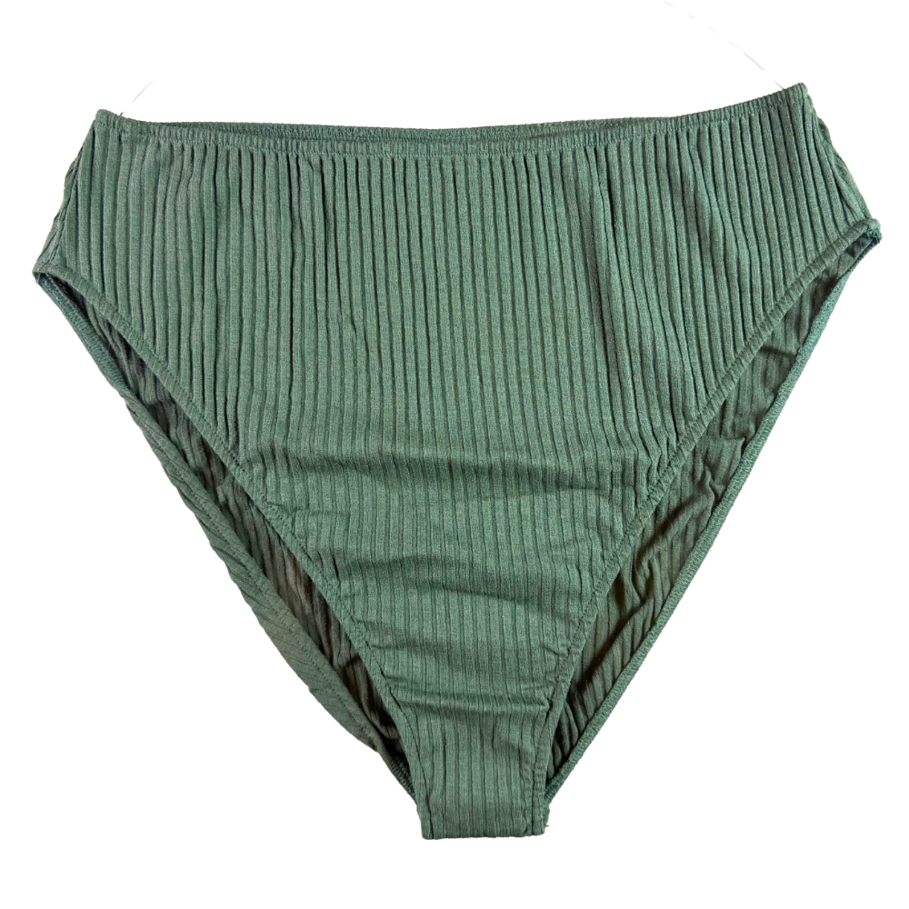 Green ribbed high-waisted bikini bottom on a white background.