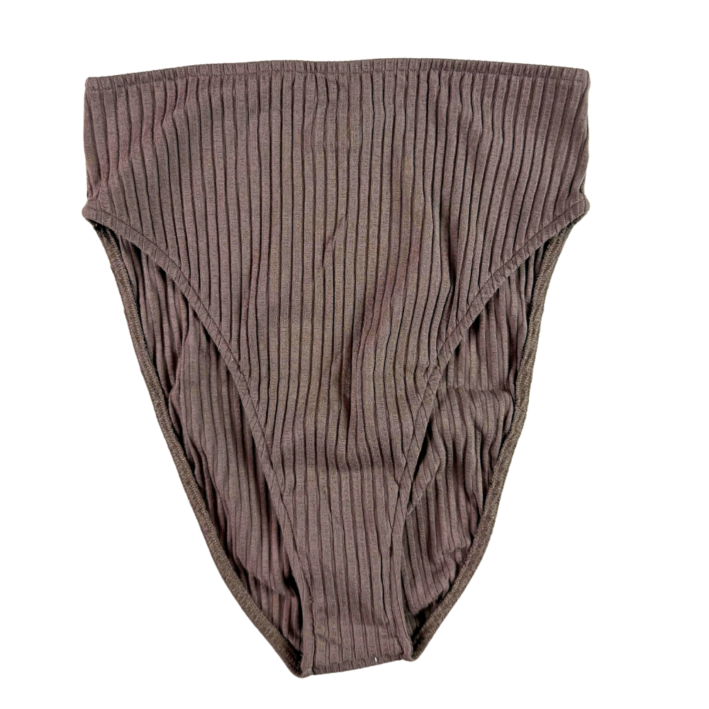 A pair of high-waisted, wide-leg ribbed bikini bottoms in a muted taupe-brown color, shown flat against a solid white background.