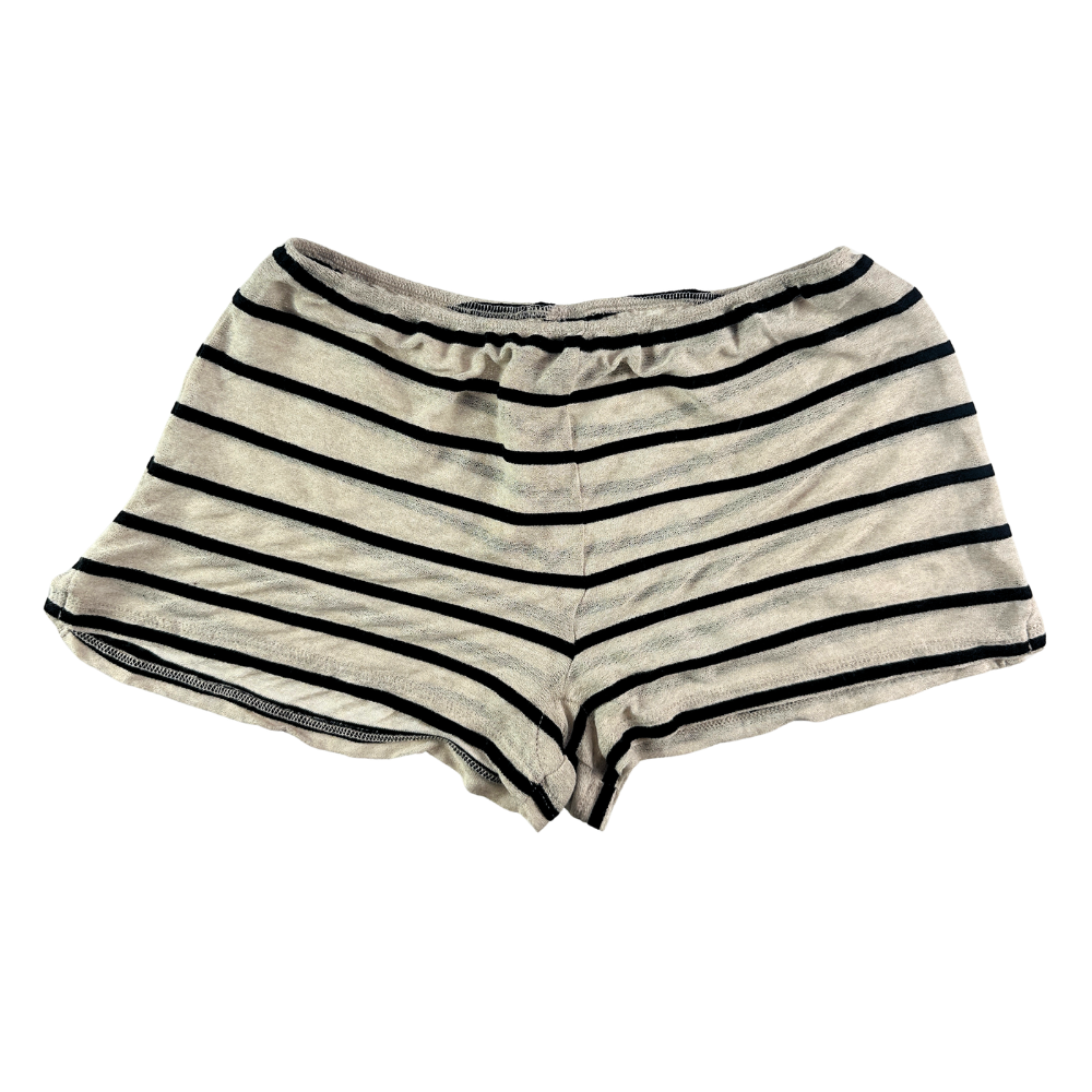 A pair of men's boxer briefs featuring horizontal black stripes on a light beige or off-white textured fabric, laid flat against a white background.