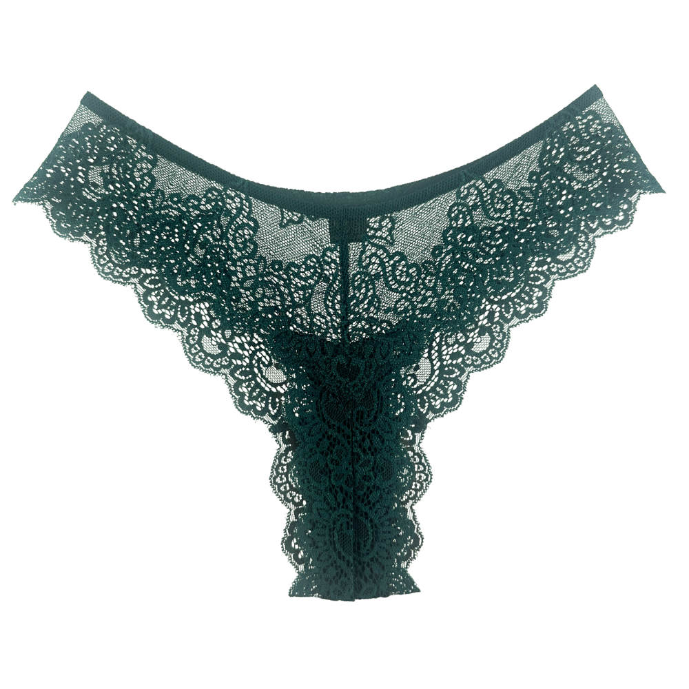 Dark green lace thong underwear with a sheer mesh center and wide decorative lace trim, shown against a plain white background.