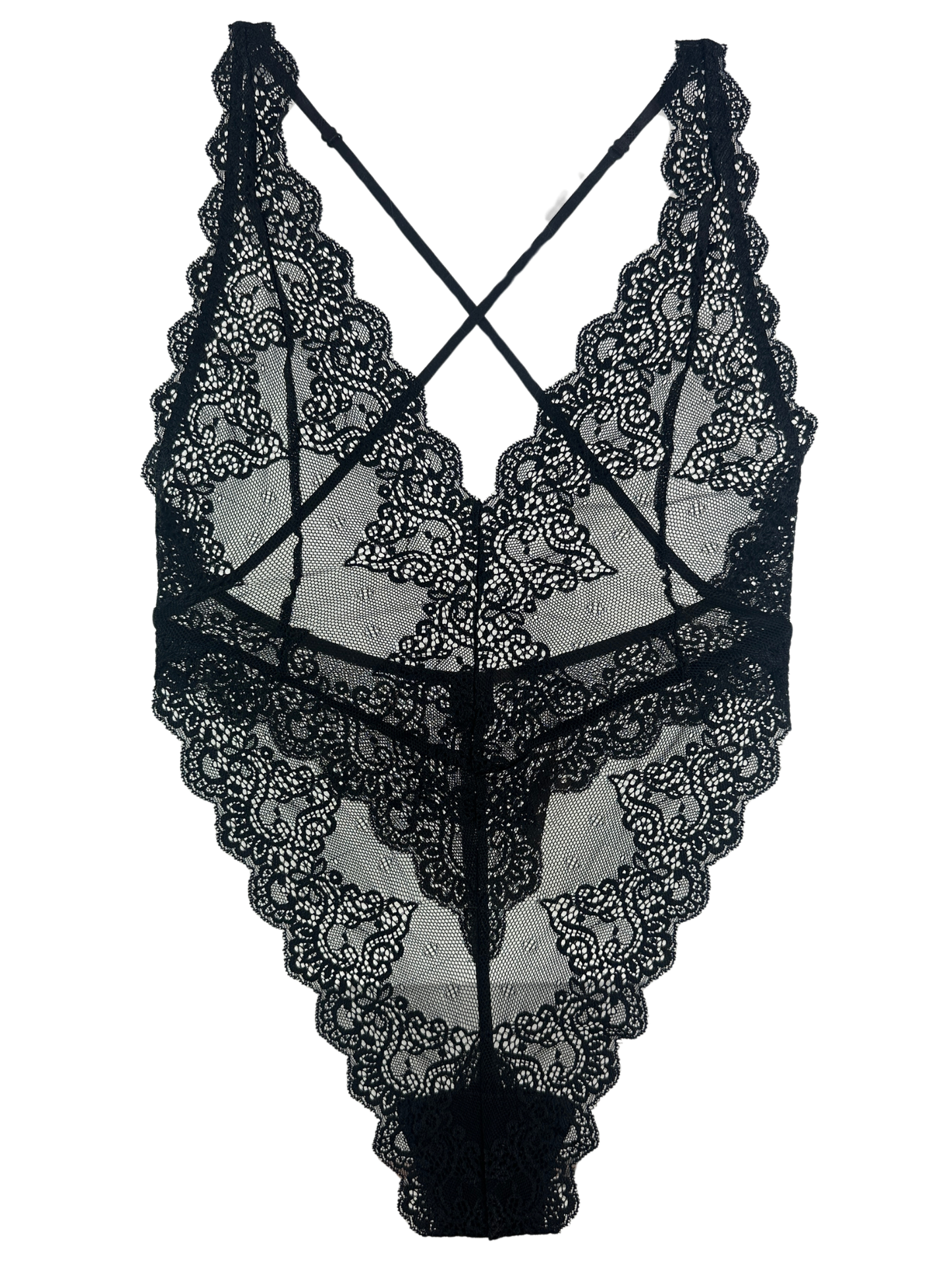 Black lace lingerie bodysuit with a deep V-neckline, strappy back, and sheer mesh panels, shown against a plain white background.