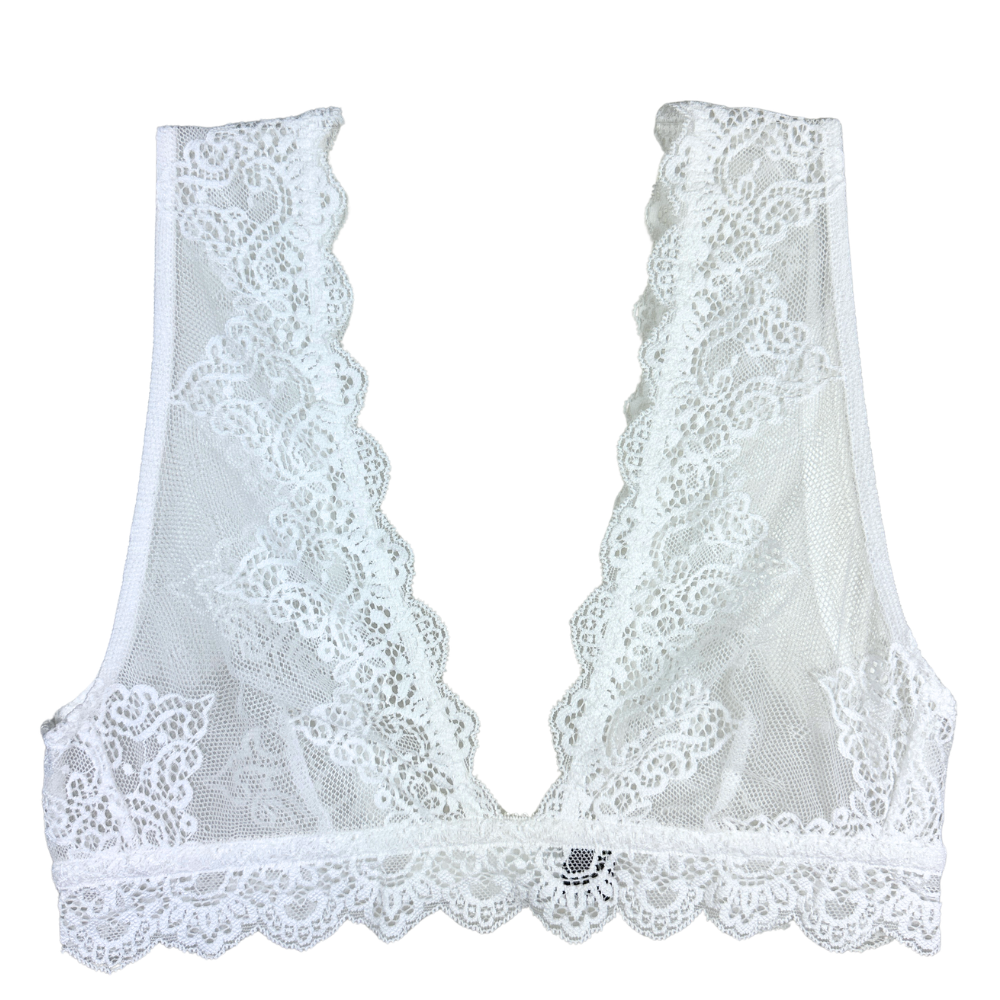 White lace bralette on a white background