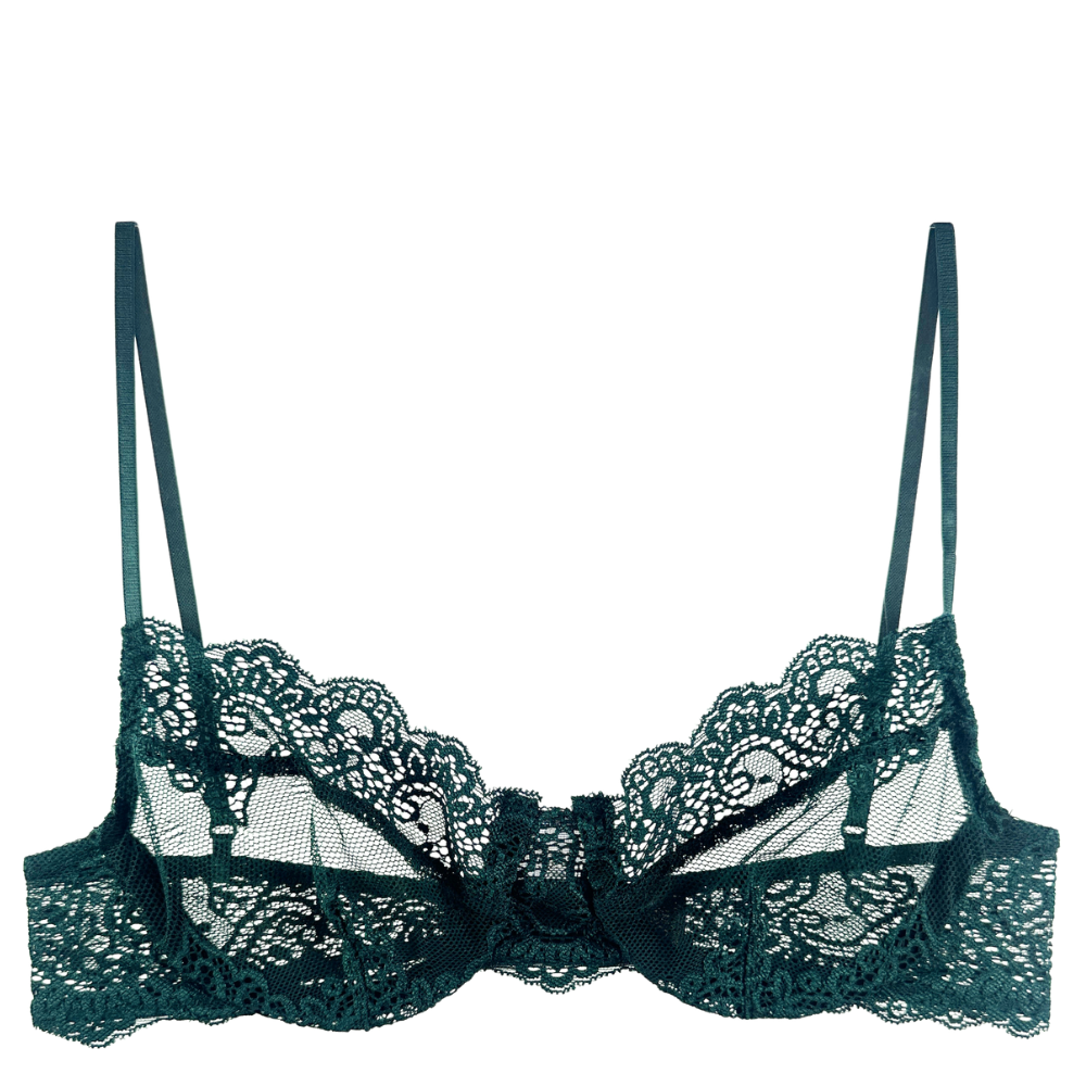 A dark green lace bra with thin adjustable straps, shown against a plain white background.