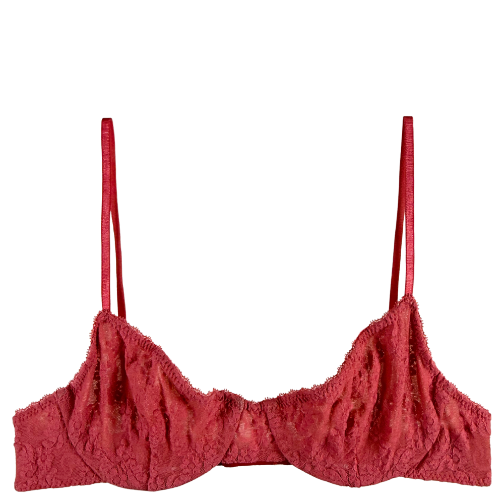 rusted red lace underwire bra on a white background.
