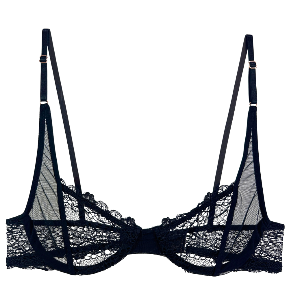 black lace and mesh bra against a white background