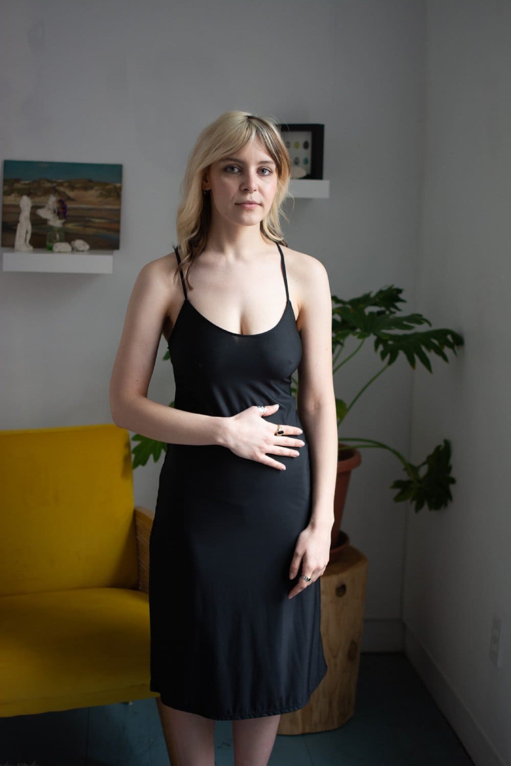 Only hearts second skin long full slip in black, front view on a model.