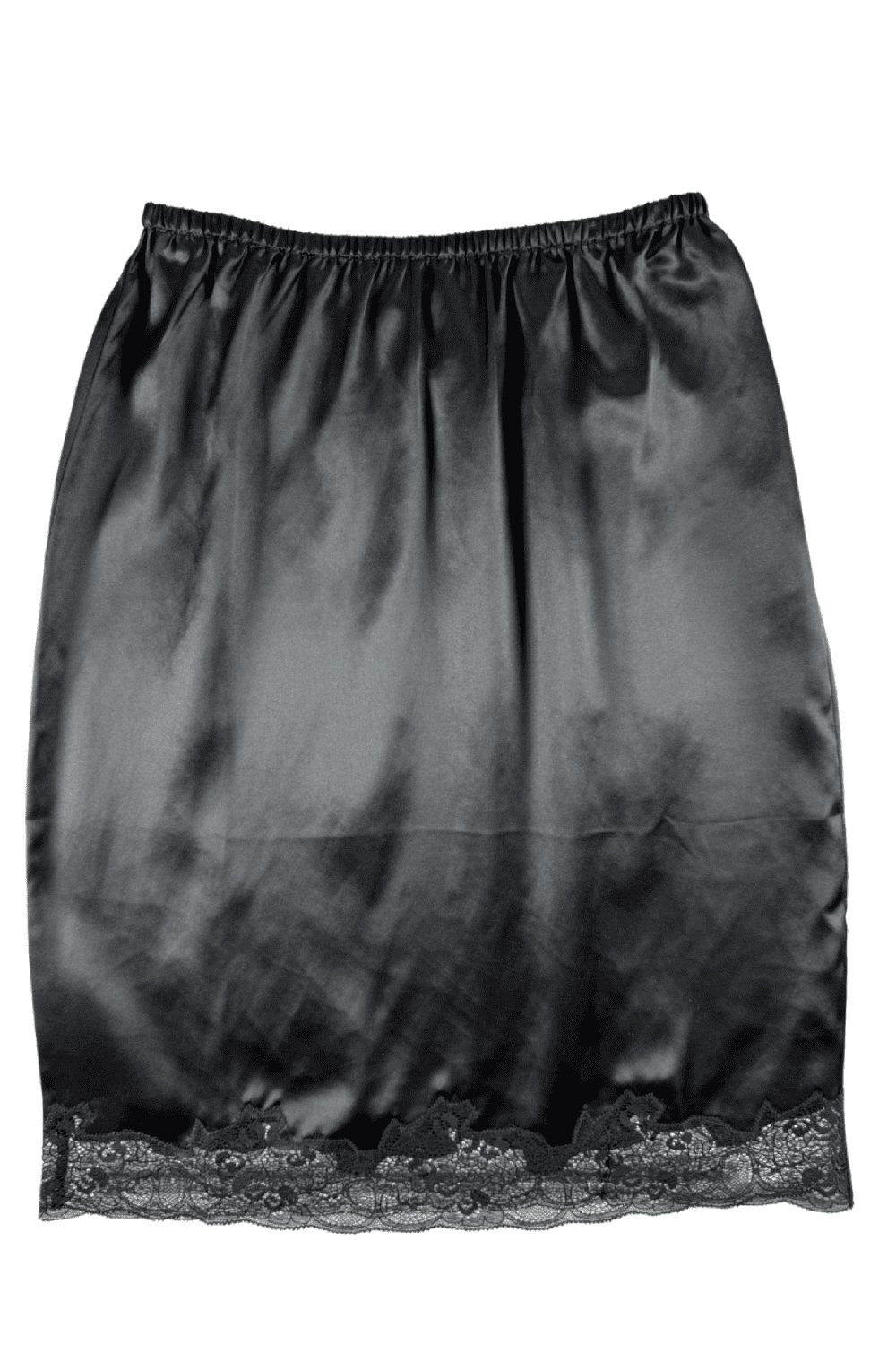 Only hearts silk charmeuse knee length skirt in black, on a white background, close-up.