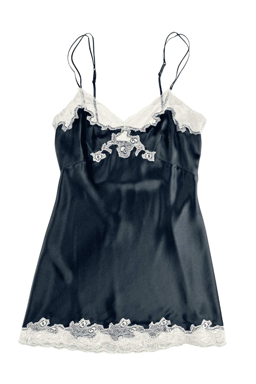Only hearts silk charmeuse mini slip in black vintage, on a white background, close-up.