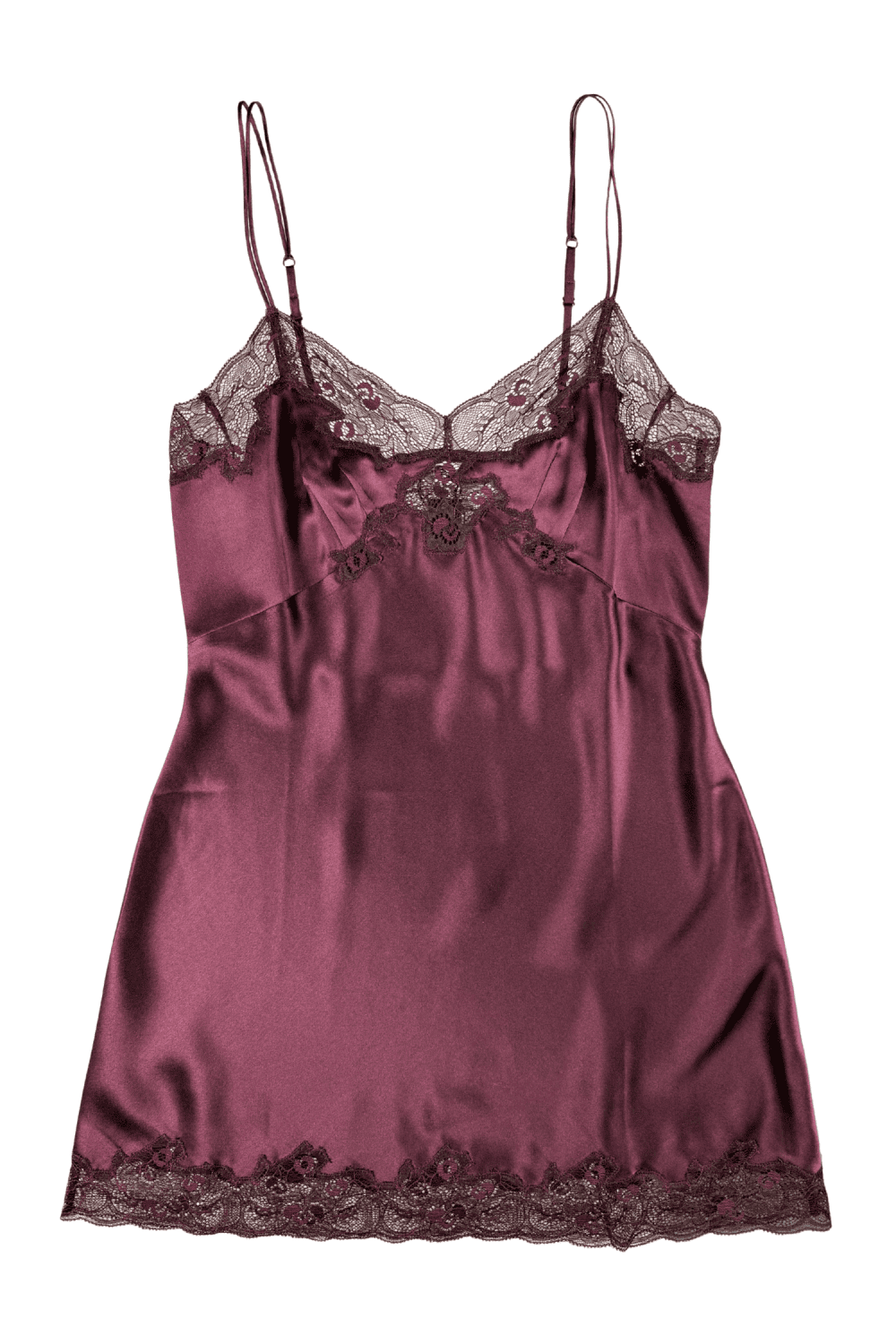 Only hearts silk charmeuse mini slip in blackberry, on a white background, close-up.