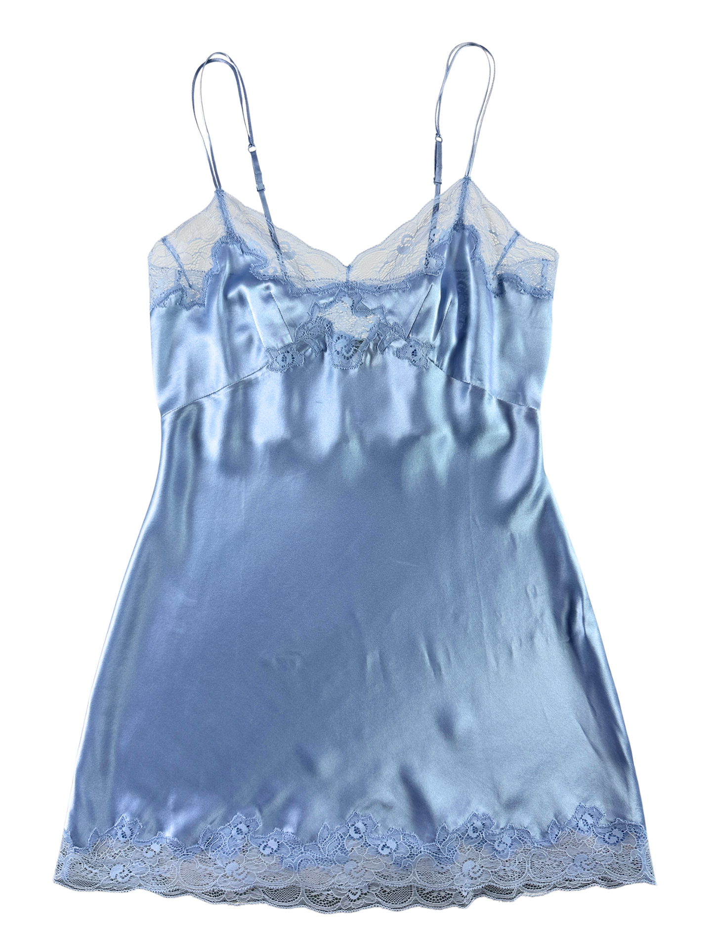 Light blue satin nightgown with lace trim on a white background