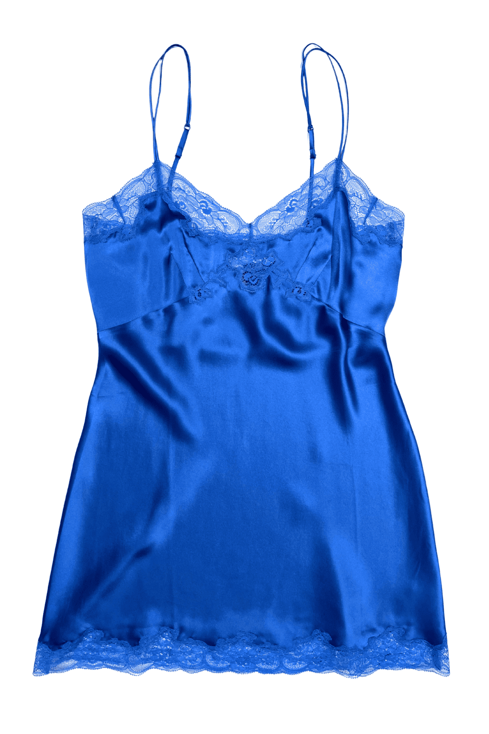 Only hearts silk charmeuse mini slip in french blue, on a white background, close-up.