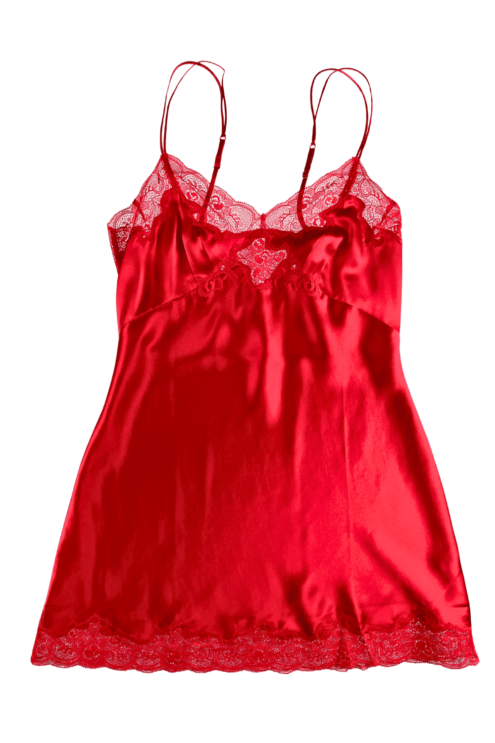 Only hearts silk charmeuse mini slip in tango, on a white background, close-up.