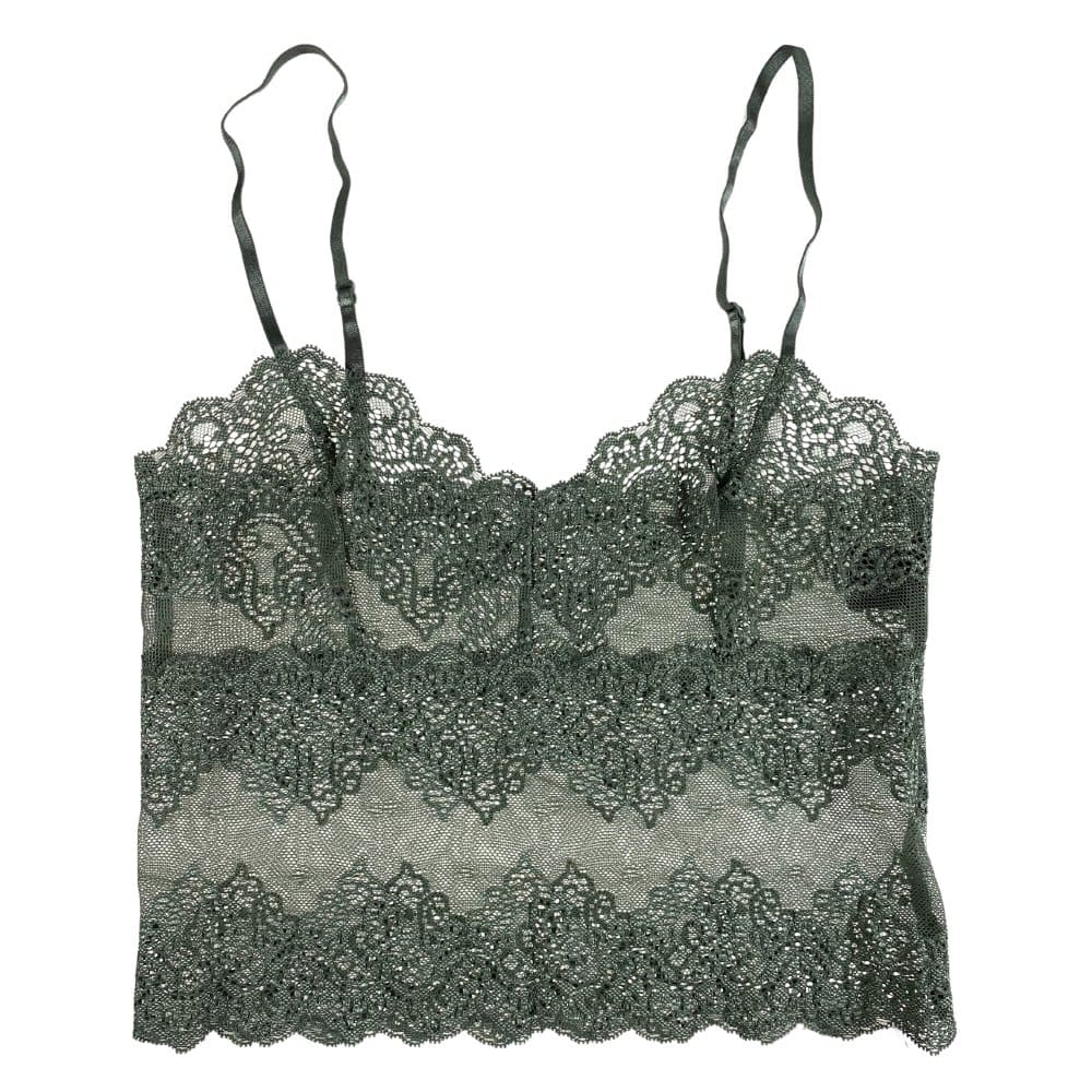 Only hearts so fine lace cami in olive, on a white background, close-up.
