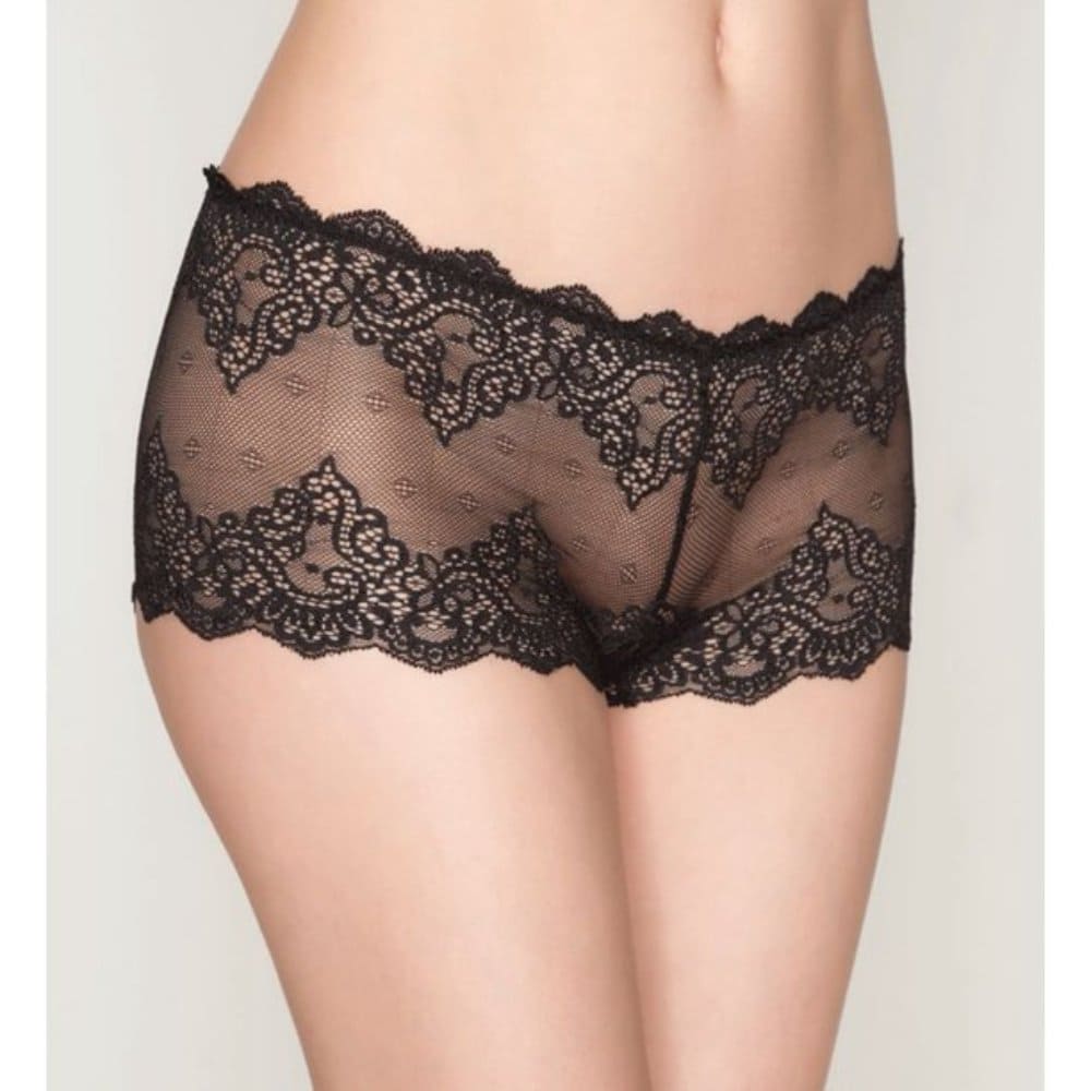 Only hearts so fine lace hipster in black, front view on a model, close-up.
