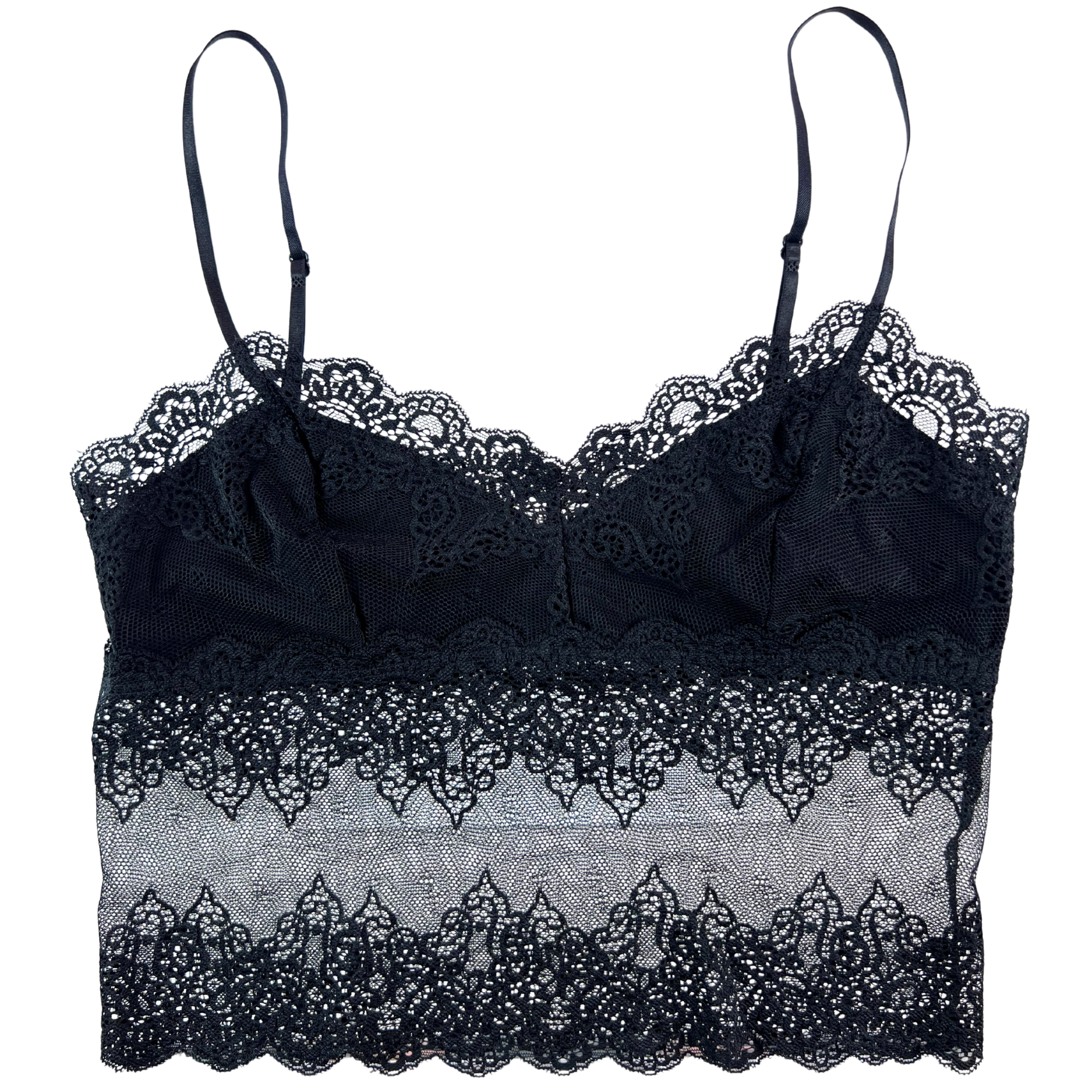 Black lace camisole on a white background