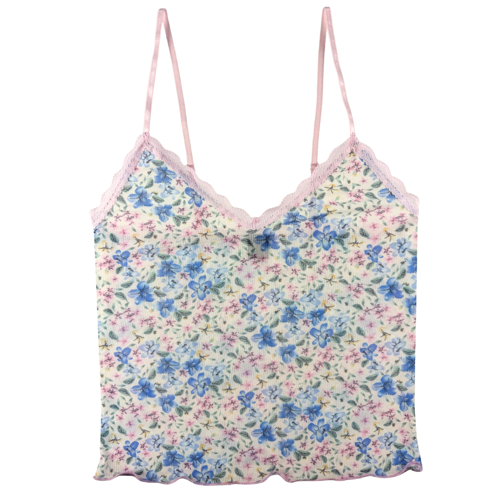 Floral patterned camisole with pink straps on a white background
