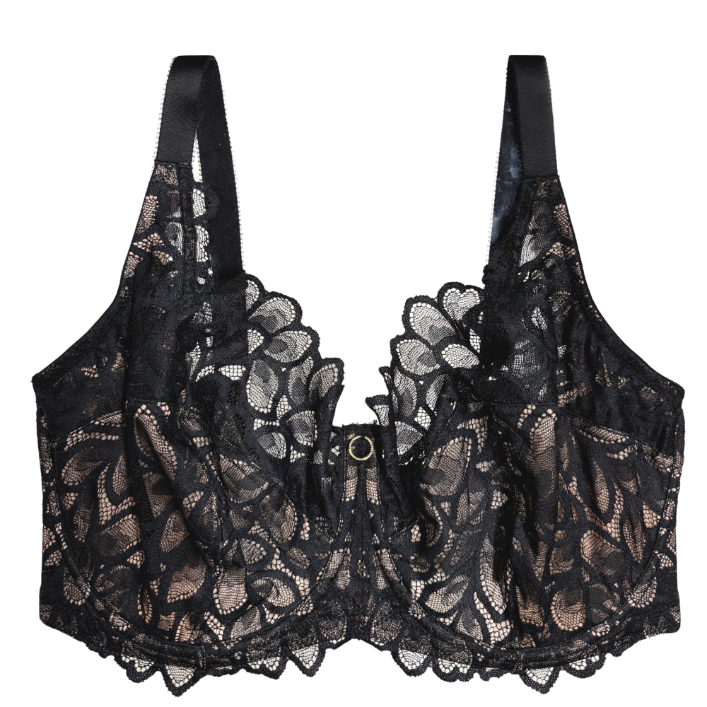 black lace bra against a white background