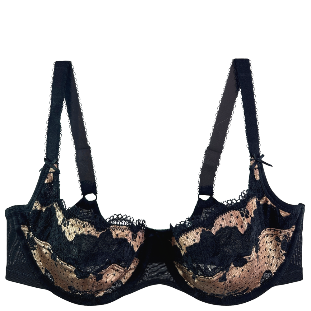 black and gold lace bra with vintage inspired color blocking against a white background.