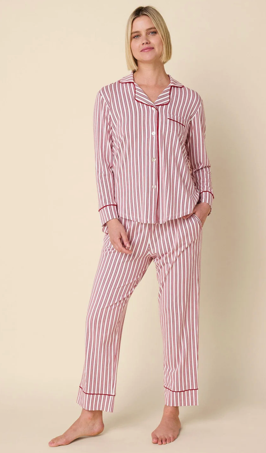 The Cat's Pajamas Holiday Stripe Pima Knit Long Sleeved Pajama