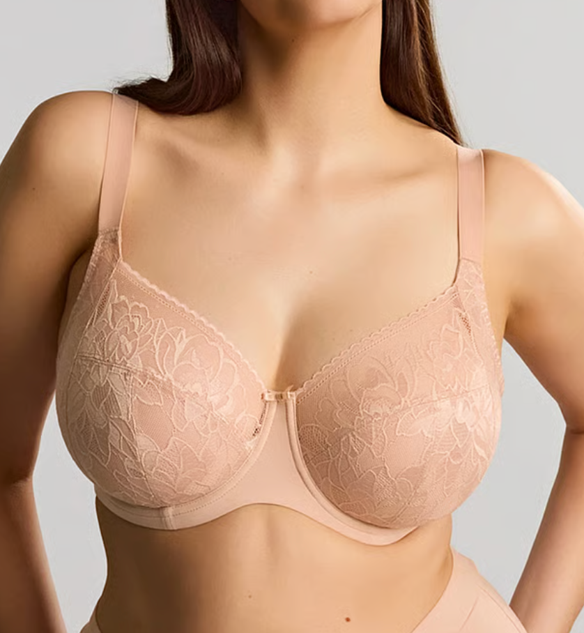 model wearing beige lace bra against a white background.