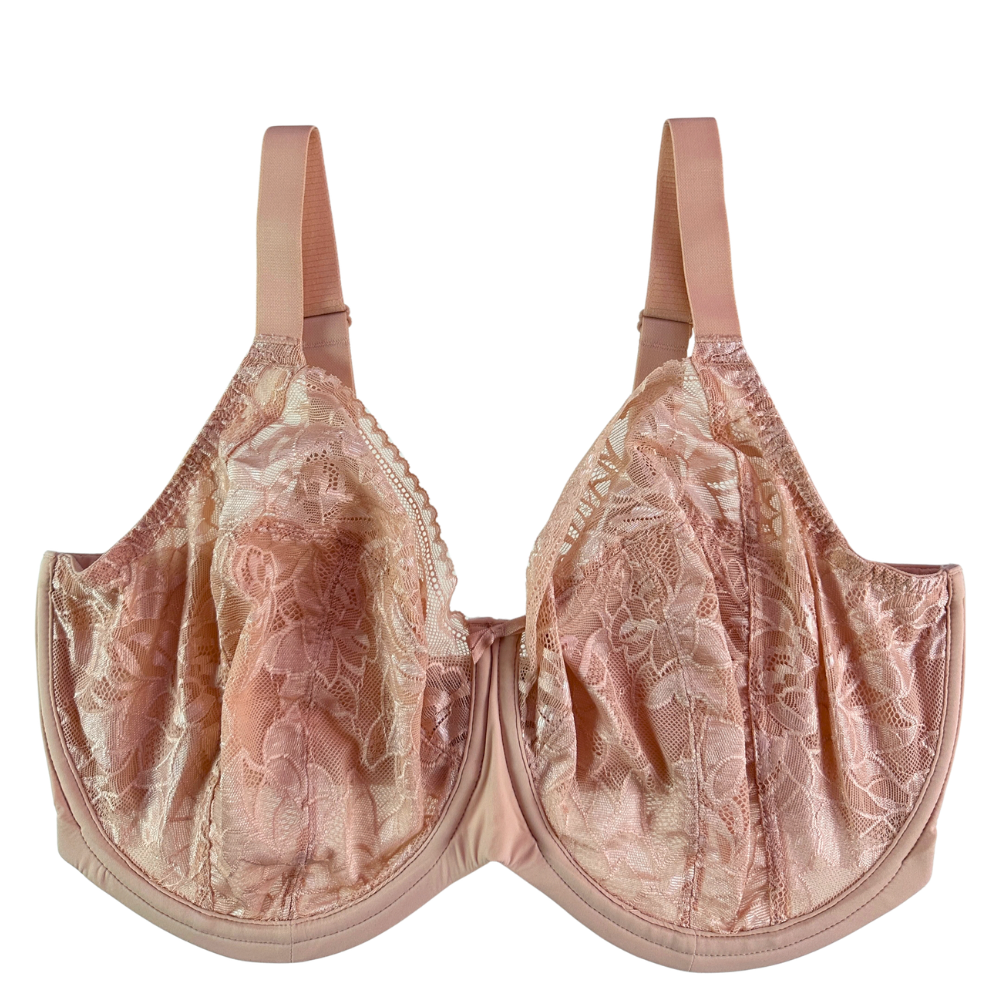 beige floral underwire bra with lace in front of a white background.