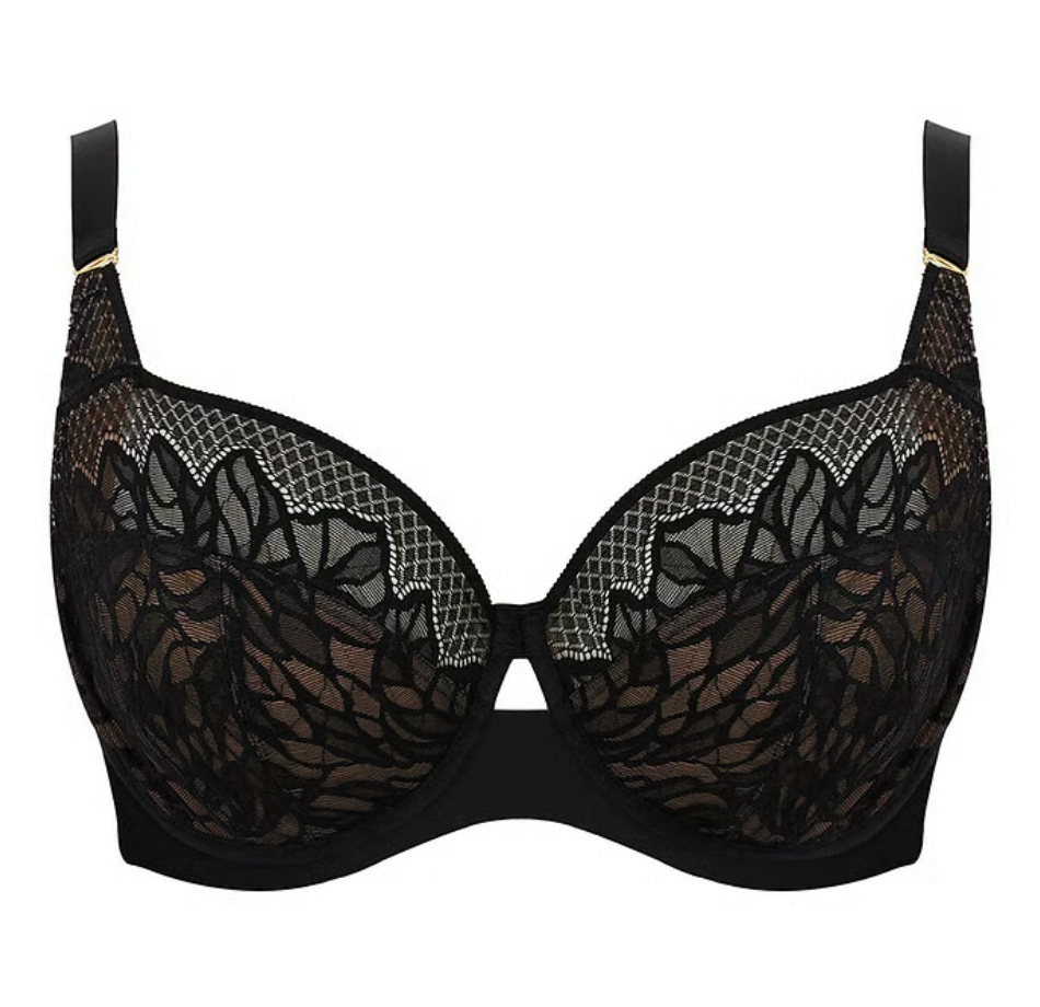 black lace bra against a white background.