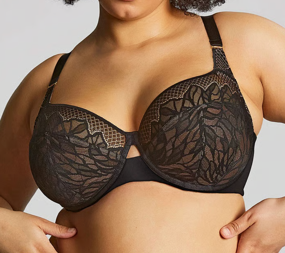 person wearing black Lacey bra against a neutral background