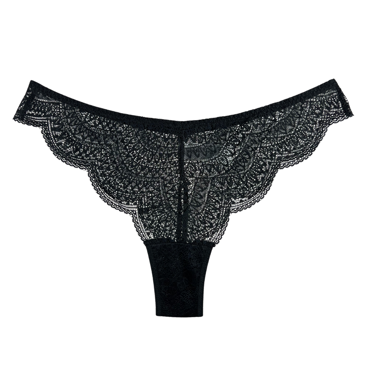 A black lace thong underwear with a low-rise waistband and tanga style back coverage.