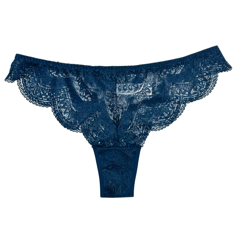 A pair of dark blue lace thong panties with a wide, ruffled scalloped waistband, shown against a plain white background.