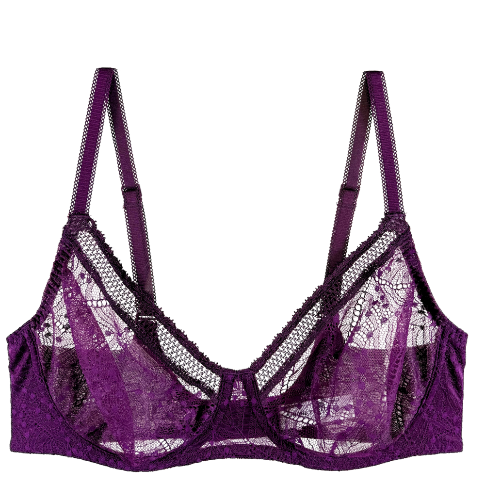A purple lace and mesh underwire bra with wide adjustable shoulder straps, shown flat against a solid white background.