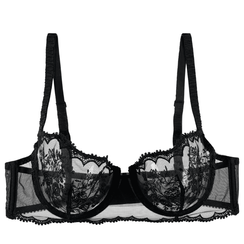 Simone Perele Intrigue sheer demi in black, front view on a white background.