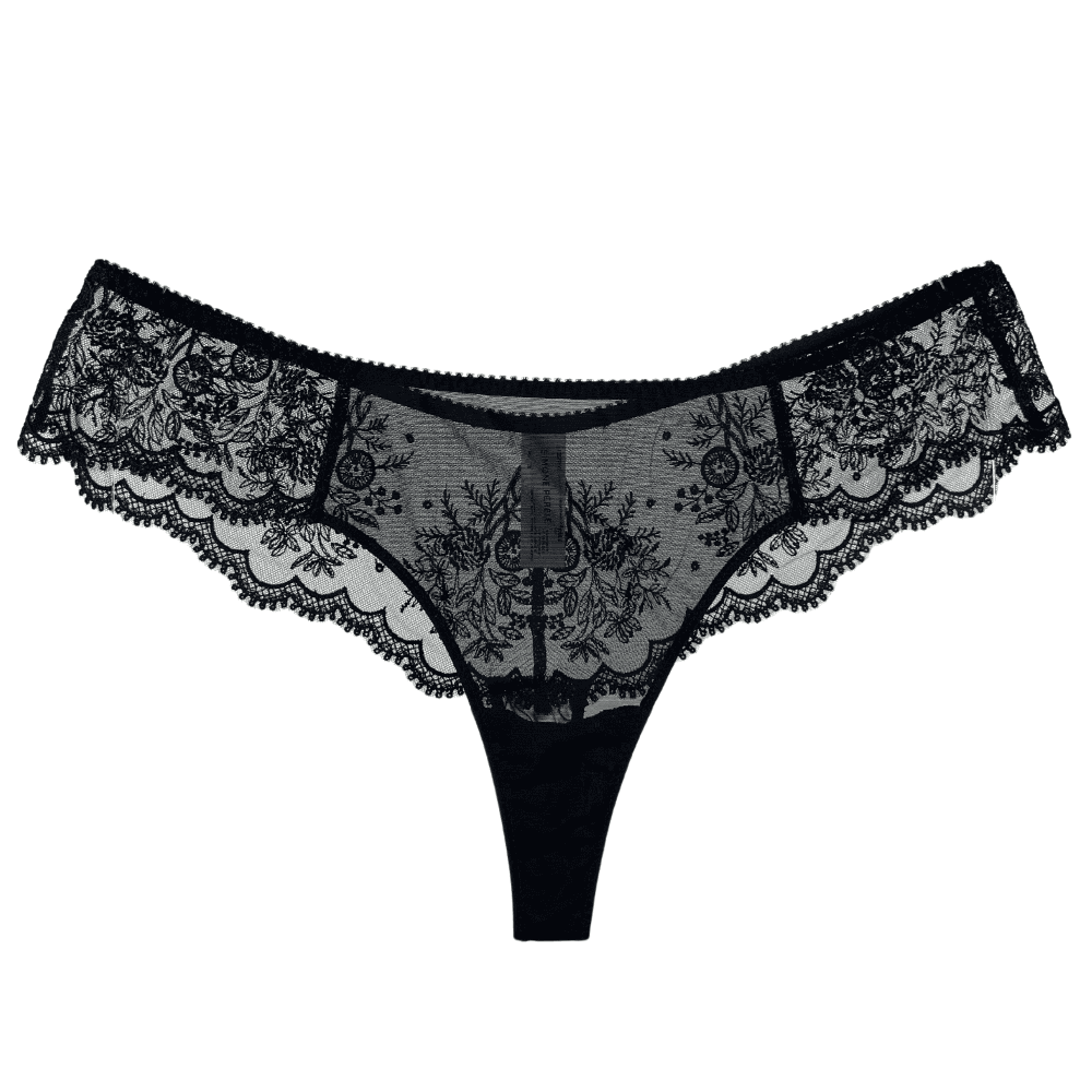 Simone Perele Intrigue tanga in black, front view on a white background.