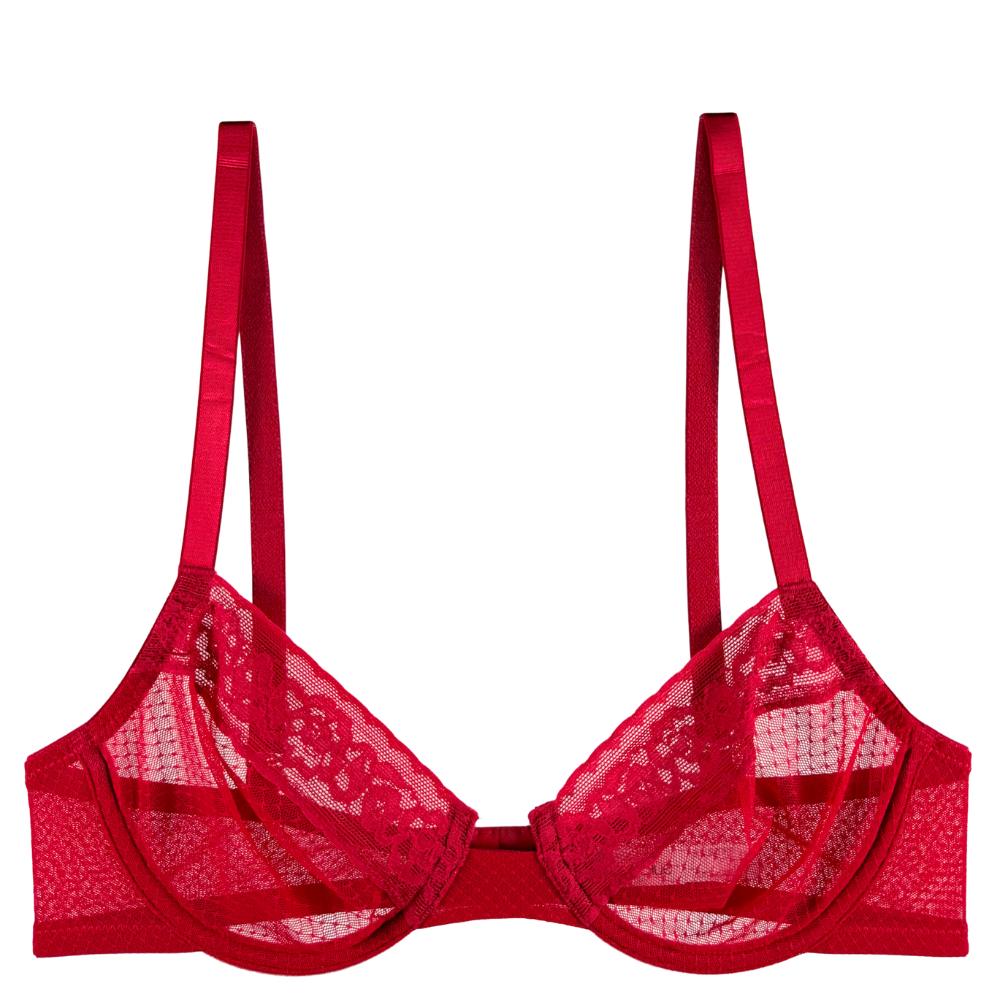 A red lace and mesh underwire bra with adjustable shoulder straps, shown flat against a solid white background.
