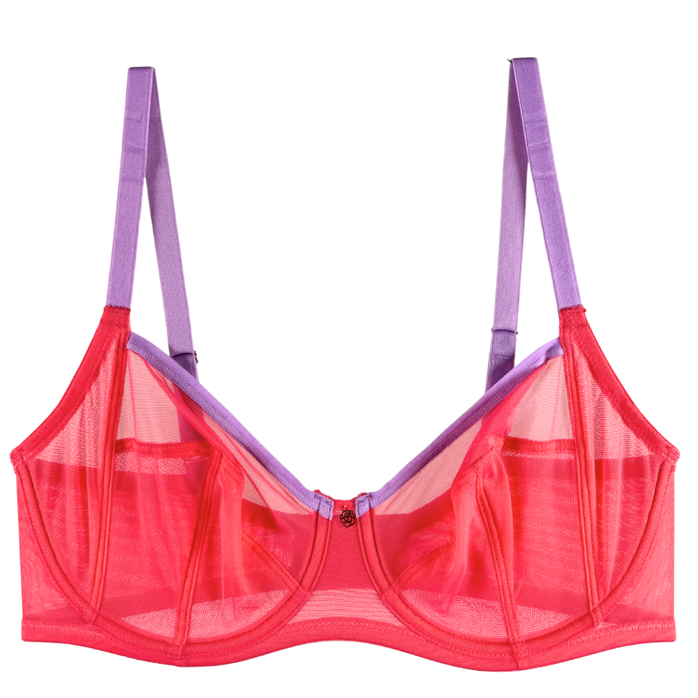 coral mesh bra with purple lace trim against a white background.