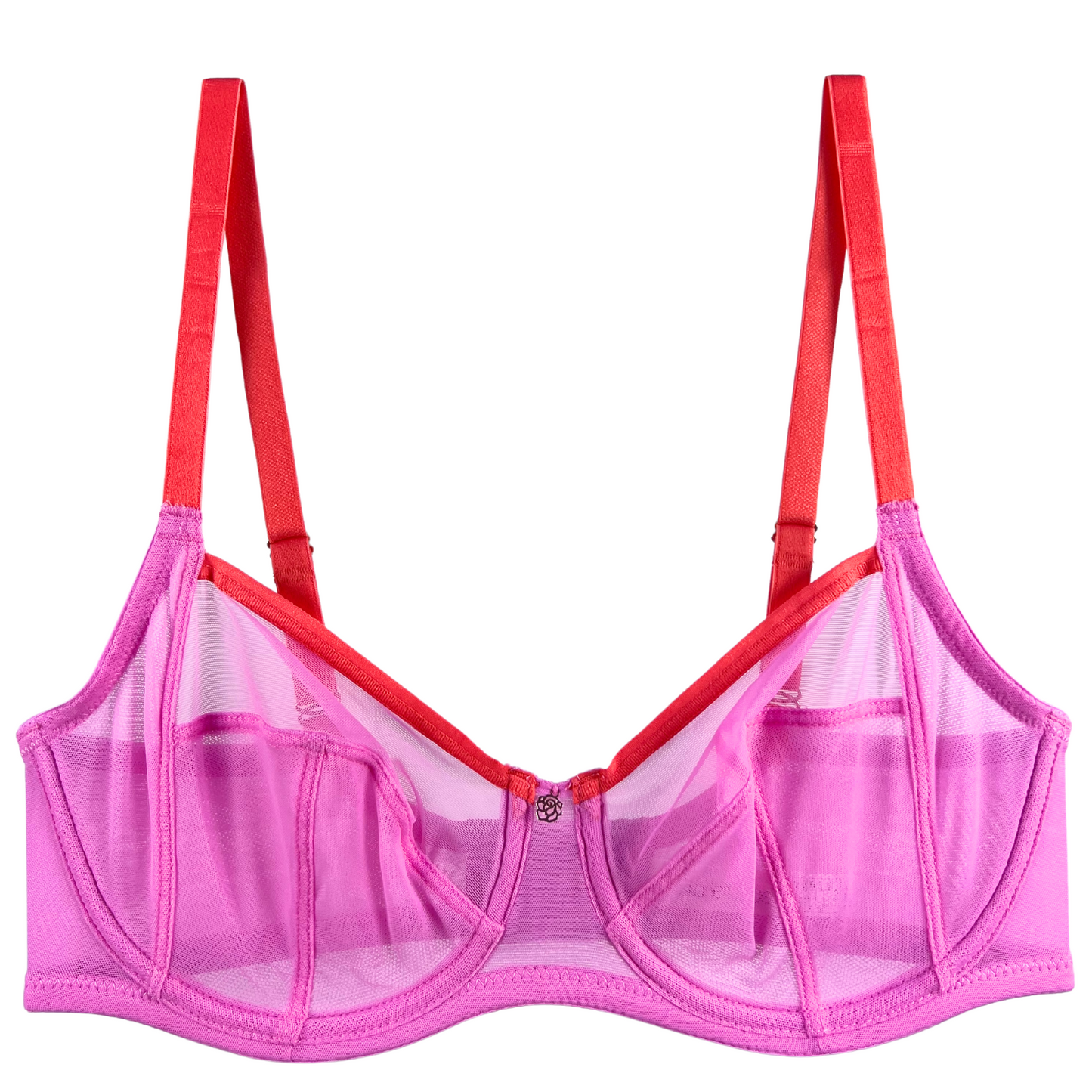 A pink mesh bra with red straps and semi-sheer cups, designed for full coverage and support.